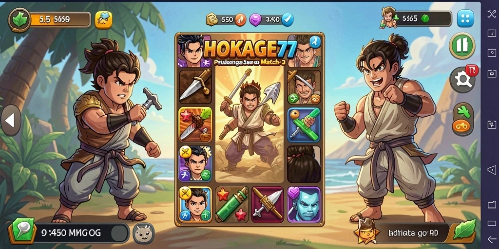 Tampilan gameplay HOKAGE77 dengan kombinasi warna cerah dalam permainan Match-3.