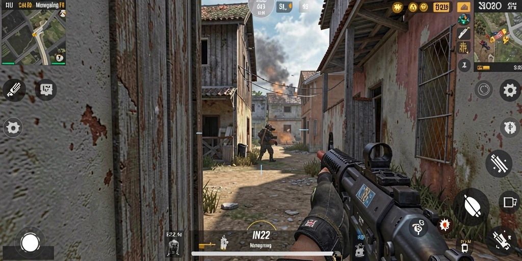 Screenshot gameplay IN22 menampilkan pertempuran intens dalam mode FPS.