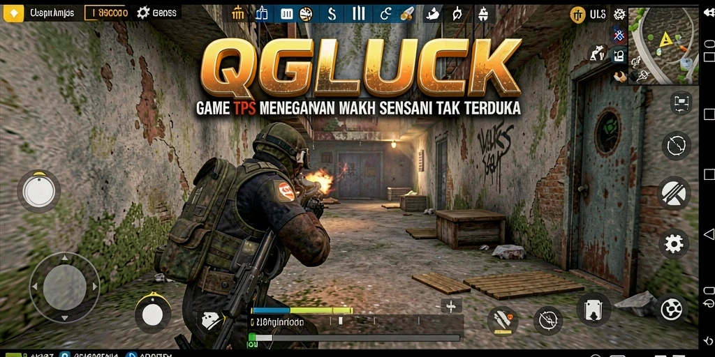 Tangkapan layar permainan QGLUCK menampilkan aksi tembak-menembak yang epic.