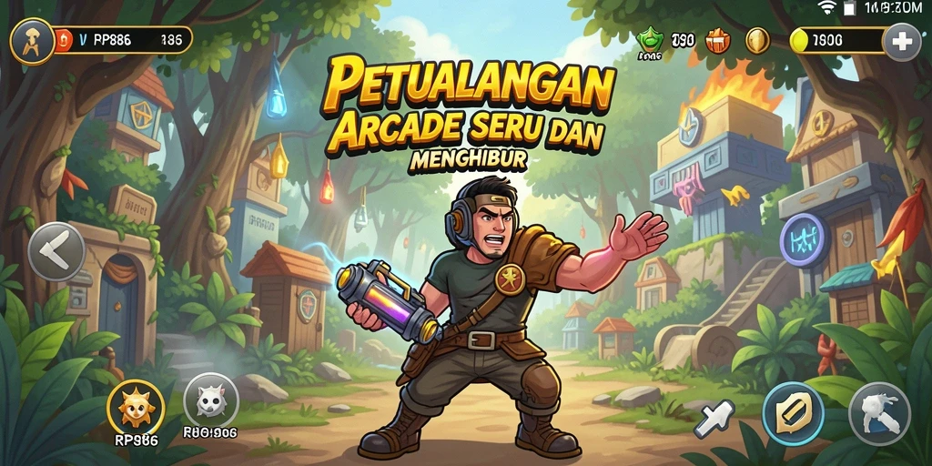 Tangkapan layar utama RP886 menampilkan aksi seru dalam permainan Arcade.